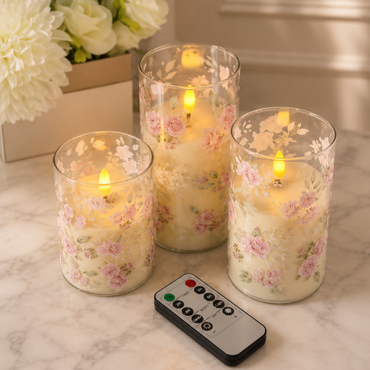 طقم شموع LED بنقشة زهور مع ريموت كنترول (3 قطع)